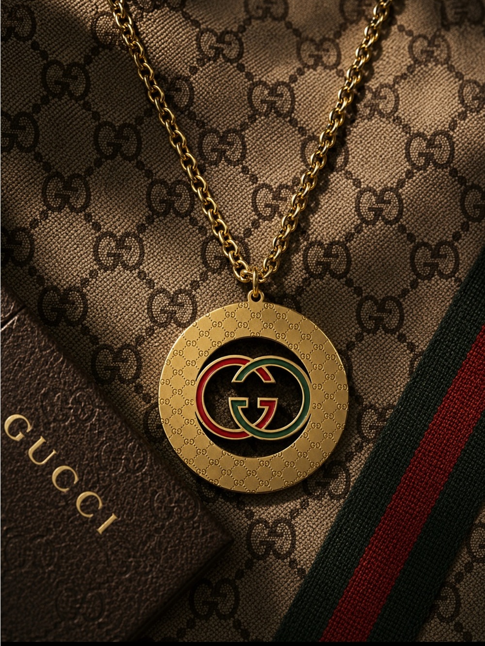 Gold-Tone GG Medallion Necklace with Red & Green Enamel